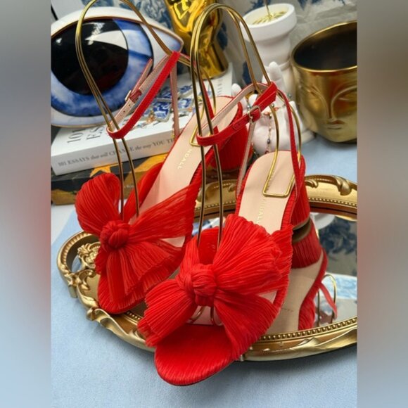 🆕 LOEFFLER RANDALL 🧿 NWOT Dahlia Candy Apple Red Pleated Organza Bow Heel Sz 7 - Picture 8 of 16